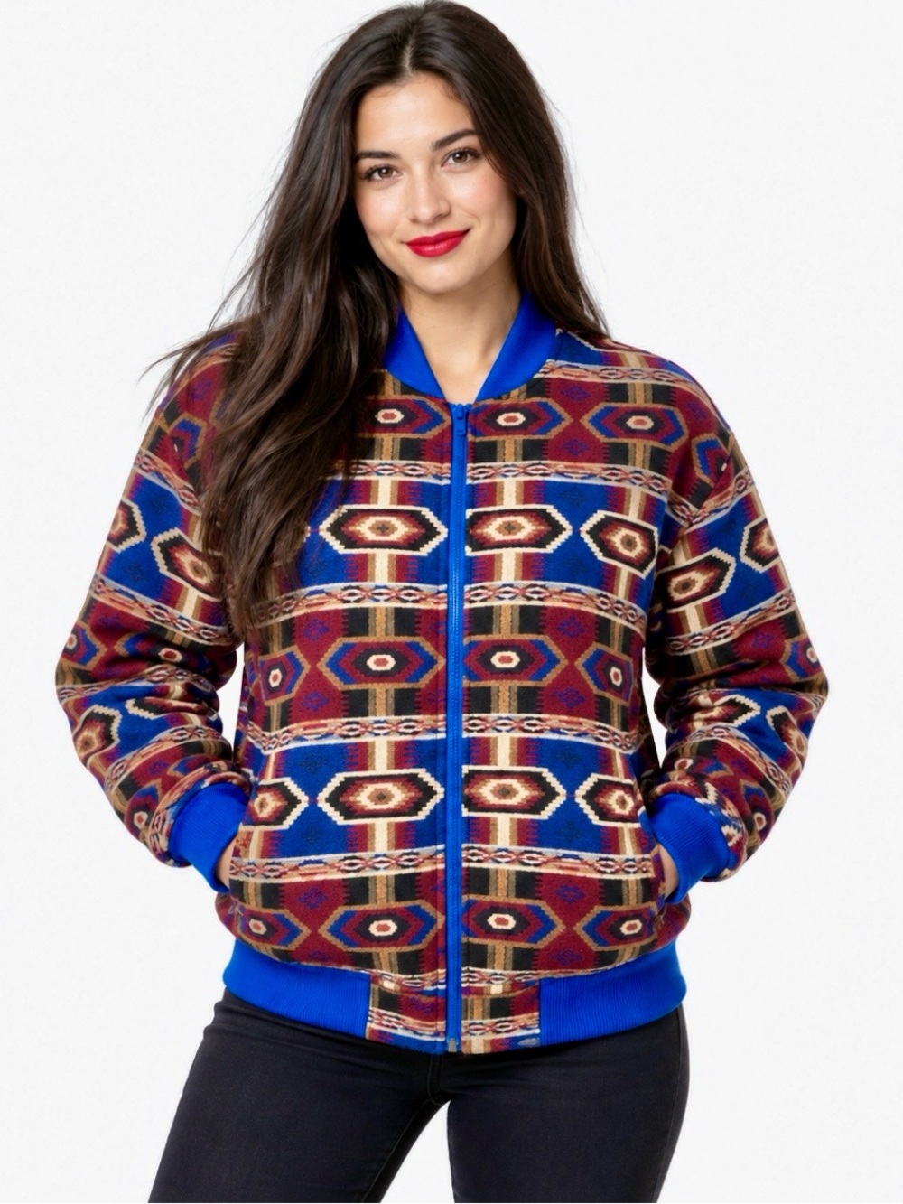 Silk Club Southwestern Aztec Print Bomber Jacket Unisex Boho Retro Festival